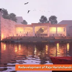 A render of the Raja Harishchandra Ghat at dusk, with birds in flight over the serene structure. This project, launched by the Prime Minister of India, incorporates eco-friendly cremation strategies to reduce environmental impact.
