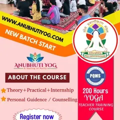 An overview of our 200-hour Yoga Teacher Training Course. It highlights the key components: a mix of theory and practicals, an internship, personal guidance, and a government-recognized certificate.