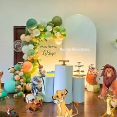 We created a full jungle scene for this Lion King themed party. The backdrop includes all the main characters from the movie, surrounded by a vibrant balloon arrangement to make the kids feel like they are in the Pride Lands.