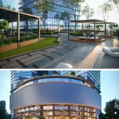Details of the Regalia II project, showing the landscaped deck and podium levels. The design creates vibrant alfresco dining zones, blending work and leisure into one seamless experience.