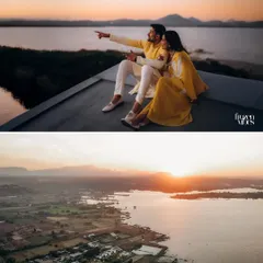 The bottom image in this set is a wide drone shot of Pia and Zubin at Sula Vineyards, capturing the vastness of the lake and landscape as the sun sets.