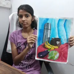 Saee from 7th standard painted this still life on the spot using watercolors. This exercise helps students learn to observe quickly and capture light and color effectively.