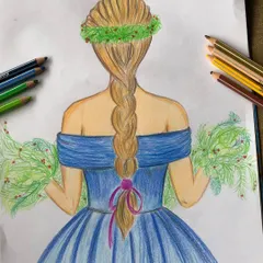 This artwork showcases how to use colored pencils for drawing figures and textures. My student did a wonderful job on the braided hair and the folds of the blue dress, paying close attention to detail.