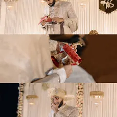 A collage showing the groom's emotional reaction to receiving a heartfelt, handwritten letter from his bride.