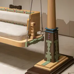 This custom-designed Oonjal, or traditional swing, is the heart of our Kolam Pop project. We reinterpreted classic South Indian temple architecture and Kolam motifs into a modern, playful form. The turned wood posts and colourful, geometric base make it a functional sculpture that brings joy and heritage into the home.