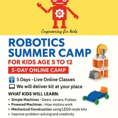 Our Robotics Summer Camp is an immersive online experience for kids aged 5 to 12. This flyer details the 5-day program where children learn about simple machines, mechanical construction, and powered models, with a robotics kit delivered right to your home.