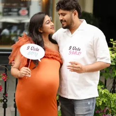 Let's have some fun with your session. This playful outdoor shot captures a couple's lighthearted debate over their baby's gender, adding a touch of personality and joy to their maternity memories.