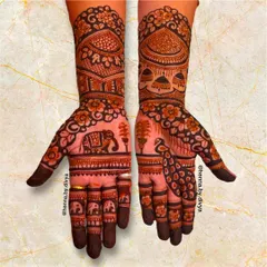 This design tells a royal story with an elephant procession on one hand and a peacock in a garden on the other. The forearms feature palace domes, completing the majestic theme.