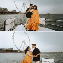 Posing against the backdrop of the Ain Dubai, this couple's pre-wedding shoot in Dubai is a blend of iconic landmarks and personal romance.