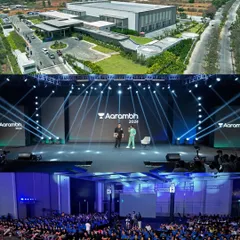A showcase of my work for the Unacademy Aarambh 2024 corporate summit at JW Marriott Prestige Golfshire. The collage features a sweeping daytime aerial view of the resort venue alongside shots of the professionally lit indoor stage and engaged audience.