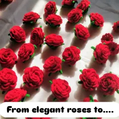 Here are the individual crochet roses before they are strung into a garland. Each one is a small piece of art, made with patience and care to look like a real rosebud.