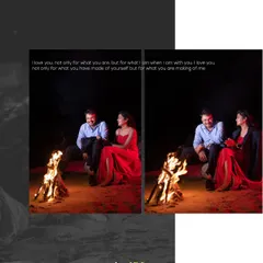 A collage of a couple sharing a laugh by a bonfire on a riverbank at night, creating a warm and intimate atmosphere.