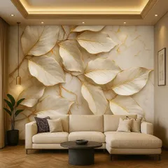 A beautiful example of our nature-inspired 3D wallpaper collection. This design features delicate, oversized white leaves with gold veining on a marble-finish background, bringing a sense of calm and luxury to this living room.