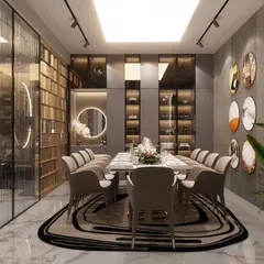 This cozy yet luxurious dining space is designed for large family gatherings. The long table, comfortable upholstered chairs, and sophisticated lighting create an intimate and elegant setting for memorable meals.