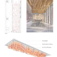 This diagram illustrates the design for a fluid metal mesh ceiling installation in a lobby. The drawing shows how the organic form is integrated with lighting and HVAC systems, creating a feature that is both beautiful and functional.