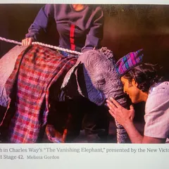 A touching moment of connection with the elephant puppet from 'The Vanishing Elephant'. This show, presented at Stage 42 on Broadway, was a beautiful story about empathy and wonder.