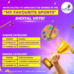 Community engagement is a big part of our events. This graphic announces the winners of the Digital Vote for the 'My Favourite Sports' competition, where Anaira and Shreyan won the hearts of our online audience in their respective categories.