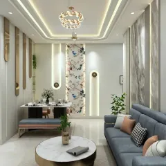 This view shows how we connect the living and dining areas. The floral wallpaper panel and decorative wall mirrors add a touch of elegance and visual interest to the entire space.