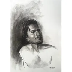 This is a portrait from a live session, done with charcoal. I focused on the play of light on the subject's face to create a dramatic and thoughtful mood.