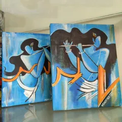 A pair of complementary Krishna paintings, perfect for creating a diptych. These pieces share a similar style and color scheme, capturing the dynamic and enchanting energy of Lord Krishna playing his flute.