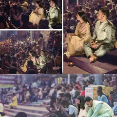 A collage capturing the couple amidst the Ganga Aarti ceremony. These photos show them as part of a larger spiritual gathering, finding a moment of personal connection and peace together.