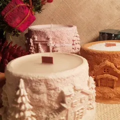 A closer look at our Winter Lights Jar Candles, available in different earthy tones. Each reusable Jesmonite jar features a detailed winter scene, and we use both traditional and wooden wicks to suit your preference for a quiet or crackling flame.