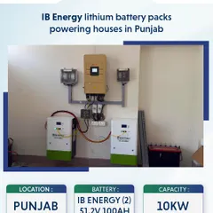 This is a real-world residential installation in Punjab, featuring two of our IB Energy 51.2V 100AH lithium battery packs. The 10KW system provides the home with a consistent and reliable power supply, demonstrating the practical application and performance of our energy storage solutions.