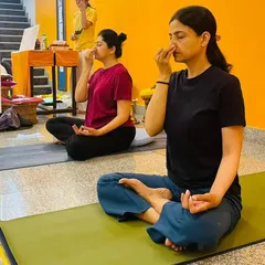 Students practicing Anuloma Viloma (Alternate Nostril Breathing). This pranayama technique is excellent for balancing the mind and calming the nervous system.