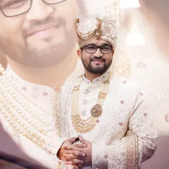 A double-exposure style portrait of the groom, blending a smiling close-up with a formal full-length shot.