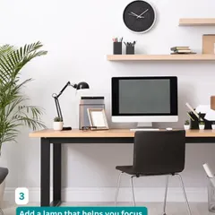 Good lighting is key for focus. This minimalist home office setup includes a sleek desk lamp and floating shelves, creating a bright and organized workspace.