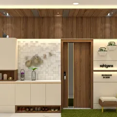 A complete entryway solution named "Ashiyana". This custom unit includes a shoe cabinet, a seating bench, a nameplate, and overhead storage with a wood-paneled ceiling.