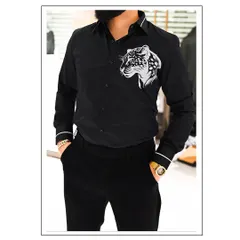 Another look at the handmade printed tiger shirt. The details are sharp and the design is powerful, making it a standout piece for a party.
