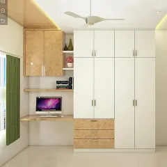 A complete wall unit solution for a bedroom, featuring a four-door wardrobe and an integrated study table with overhead cabinets. The two-tone finish adds a modern touch while maximizing storage.