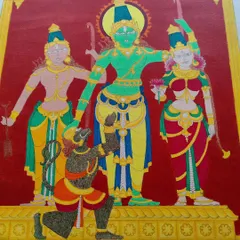 This Ram Darbar painting was a joy to create over 21 days. Capturing the grace of Ram, Sita, and Lakshman with the devotion of Hanuman is a spiritual process, resulting in a piece that brings blessings and serenity to a new home.