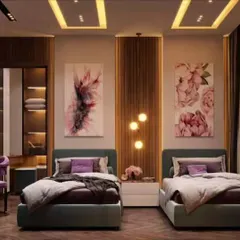 This elegant shared room for two older children features sophisticated wood paneling, false ceiling lights, and individual study areas. The design provides a mature yet comfortable space that caters to both rest and schoolwork.