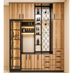 A beautiful and stylish crockery cabinet with a built-in wine rack. The mix of wood tones and black accents gives it a modern and sophisticated feel.