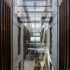 Glass bridges and extensive glazing connect the different levels of the Laxcon office. This strategy allows natural light to penetrate deep into the building and ensures that the various departments remain visually linked across the multi-story atrium.