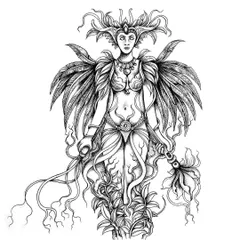 A finished design of a powerful female deity, "Tara," with feathered wings and a headdress made of leaves. She stands rooted in nature, embodying strength and a connection to the earth.
