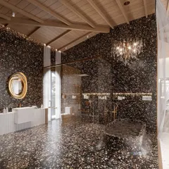 A different angle of the terrazzo bathroom, highlighting the grand scale and the interplay of textures. The addition of a classic crystal chandelier introduces an element of formal elegance, contrasting beautifully with the organic feel of the wood and stone.