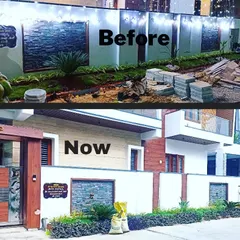 This shows the exterior transformation of a property's boundary wall. I replaced a temporary setup with a finished wall featuring integrated stone cladding panels and low-maintenance garden beds for a polished look.