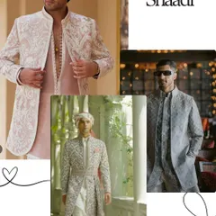 For the main event, the Shaadi, we focus on timeless elegance. This lookbook shows options like a layered sherwani with a matching kurta, a sophisticated grey printed ensemble, and a classic ivory piece with a regal turban.