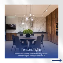 Pendant lights are perfect for kitchen islands or dining rooms. They add style and provide focused light for tasks, as shown in this modern dining space with a beautiful cluster of pendants.
