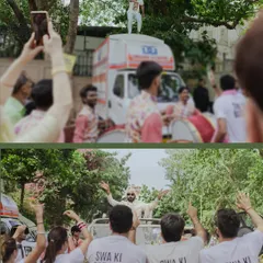 The groom's energetic baraat, with friends and family dancing and celebrating in custom "Swa Ki Baraat" t-shirts. These shots are full of life, joy, and infectious energy.
