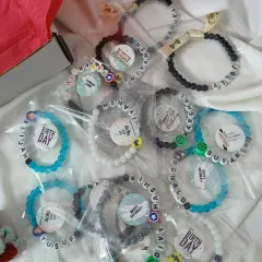 Getting a big order of birthday return favors ready! These are our custom name bracelets for boys, each individually packaged with a "Happy Birthday" sticker.