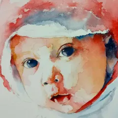 A secret portrait of a baby, done in watercolor. I often work on discreet commissions for clients who prefer privacy. This piece captures the delicate features and bright eyes of early childhood.