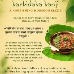 This infographic explains the ancient wisdom behind Karkidaka Kanji. Citing classical texts, it details how this medicinal porridge protects the digestive fire (Agni) during the vulnerable monsoon season.