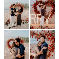 Capturing the post-proposal glow. After the big moment, I focus on candid and romantic portraits, like these shots of the couple celebrating with champagne, sharing an embrace, and a joyful lift against the backdrop of their proposal setup.