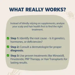 So what really works? Instead of blindly relying on supplements, the first step is to identify the root cause with a proper diagnosis from a dermatologist. Proven treatments like Minoxidil, Finasteride, PRP Therapy, or Hair Transplants deliver lasting results.