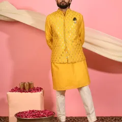 This vibrant yellow Nehru jacket is designed to make a statement. The subtle foil print adds a touch of festivity, making it a perfect choice for a Haldi ceremony or a bright Diwali look.