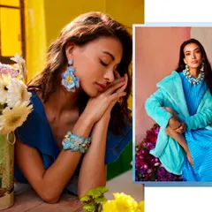 A composite shot from the campaign, showing how different textures and colors come together. The styling here is soft and dreamy, with the accessories as the central focus.